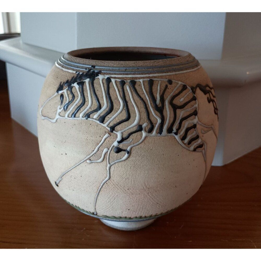 Donn Hedman Pottery Zebra Vase Bowl Hand Painted African Style 6"